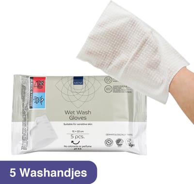 Abena Vochtige Washandjes Wegwerp - Parfumvrij - 5 washandjes - Wassen en opfrissen zonder water en zeep - Droogt Snel, geen Handdoek Nodig - Opwarmbaar in de Magnetron - Perfect voor Thuis en Onderweg