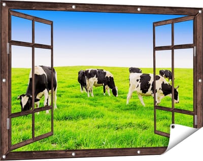 Gards Tuinposter Doorkijk Kudde Koeien in de Wei - Hemel Blauwe Lucht - 120x80 cm - Tuindoek - Tuindecoratie - Wanddecoratie buiten - Tuinschilderij