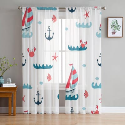 Kinderzeilboten Zeester Anker Transparant Gordijn Voor Woonkamer Modern Voile Tule Raamgordijnen Voor Slaapkamer Keuken Gordijnen 135W x 114H(cm) white