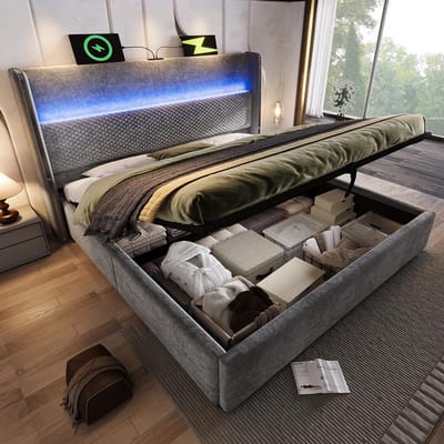 Pugsdrly Modern hydraulisch bed met hoog hoofdeinde, tweepersoonsbed 140 x 200 cm met ledverlichting, opbergruimte en USB/Type-C-poorten, grijs linnenlook (zonder matras)