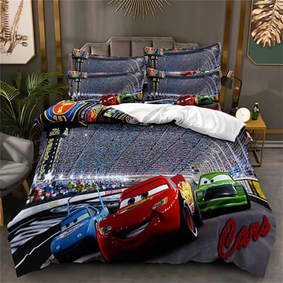 Cartoon Auto's Beddengoed Sets Met 1/2 Kussenslopen, Lightning Mcqueen Dekbedovertrek Jongens Beddengoed Beddengoed Cadeau Voor Kinderen Jongens 90x200cm 2pcs