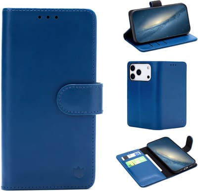 Casemania Echt Leren Hoesje Geschikt voor Apple iPhone 17 Pro - Navy Blue - Leer Book Cover - Portemonnee Telefoonhoesje met Pasjeshouder