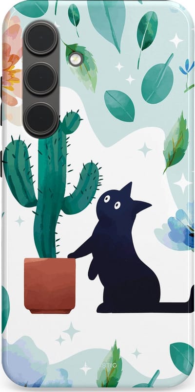 Casetastic hoesje geschikt voor Samsung Galaxy S24 - Dubbellaagse bescherming - Cactuskat - Fashion Case - Lichtgrijs Turquoise Wit Mintgroen