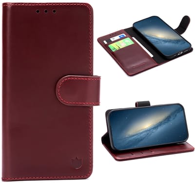 Casemania Echt Leren Hoesje Geschikt voor Apple iPhone 16e - Maroon Red - Leer Book Cover - Portemonnee Hoes met Pasjeshouder