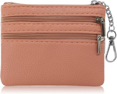 Dames Faux Leren Portemonnee met Sleutelhanger en 2-Lagen Ritscompartiment, Mini Muntentas voor Sleutels en Lippenstift, Roze Leder 2