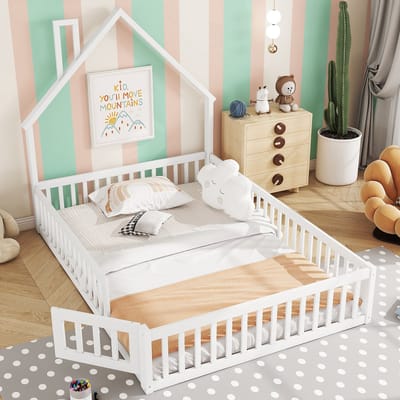 DESMIU Kinderbed 140x200 cm – Schoorsteenontwerp Met Veiligheidshek – Inclusief Lattenbodem – Zonder Matras – Voor Kinderkamer – Grenenhout En MDF – Wit