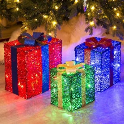 Feestelijke LED kerstgeschenkdozen set - 3 stuks met strikjes en warmwitte verlichting