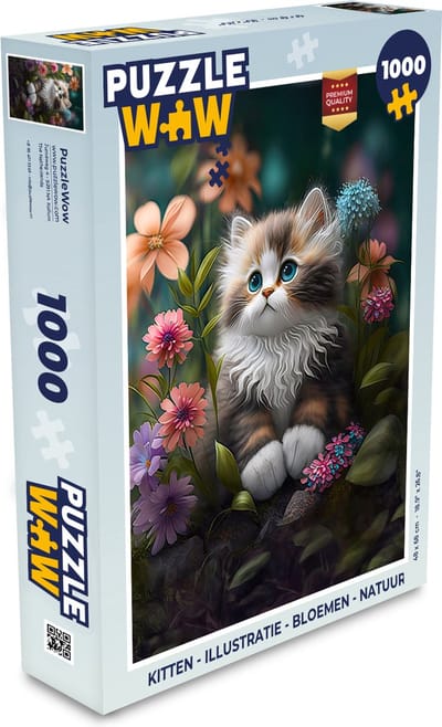 Puzzel Kitten - Illustratie - Bloemen - Natuur - Kat - Legpuzzel - Puzzel 1000 stukjes volwassenen