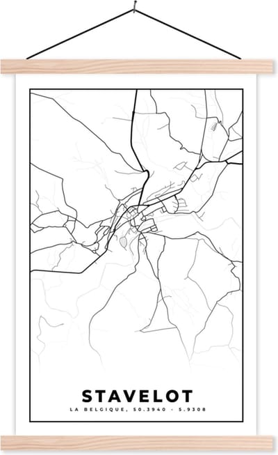 Posterhanger incl. Poster 40x60 cm - Schoolplaat - Zwart Wit – België – Plattegrond – Stadskaart – Kaart – Stavelot - Textielposter - Blanke latten - Stadskaart