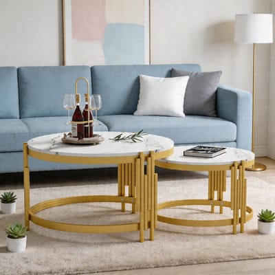 Komhtom - Modulaire salontafelset in marmerlook - Ronde tafels in twee maten met gouden metalen frame