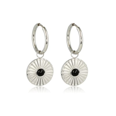 My Bendel - Zilverkleurige Oorbellen Onyx Zonnetje - Stralende Zilverkleurige Oorringen met Onyx Zonnetje - met Luxe Cadeauverpakking | Sieraden Voor Dames