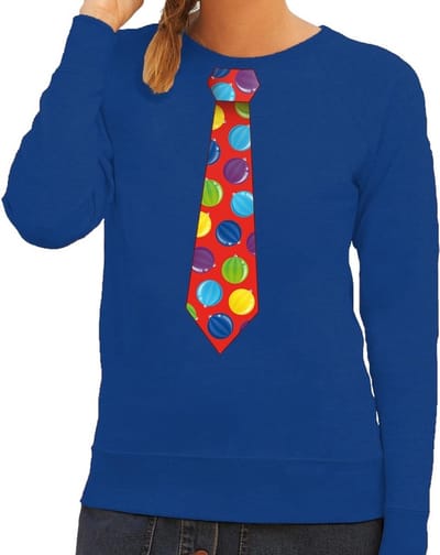 Foute kersttrui / sweater stropdas met kerstballen print blauw voor dames XS