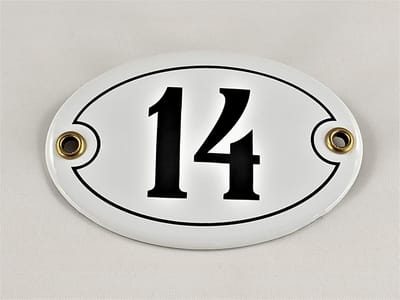 Emaille Huisnummer - Nummerbord Wit - Voordeur Herkenning - Ovaal Design - Nummer 14 - Zwart