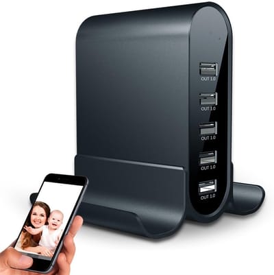 Verborgen Camera Oplader - Nanny Cam - Huis Beveiliging - 5 USB Poorten - 13cm x 12.2cm x 8.1cm - Grijs