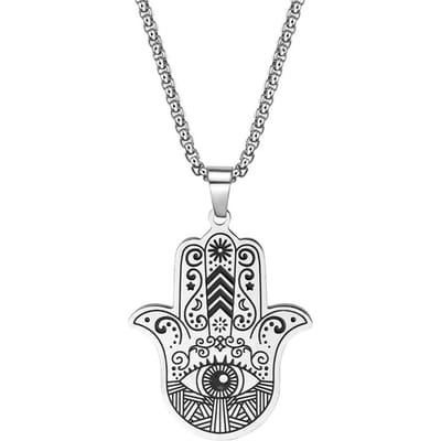 Roestvrij Staal Hamsa Hand Ketting Moslim Hand van Fatima Hanger Kettingen Voor Vrouwen Mannen Arabisch Amulet Sieraden 60cm gray