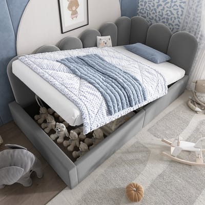 DESMIU Gestoffeerd Dagbed 90x190 cm – Fluwelen Slaapbank Met Hydraulische Opbergruimte – Verwisselbare Zijpanelen – Kinderkamer Of Logeerkamer – Grijs – Zonder Matras
