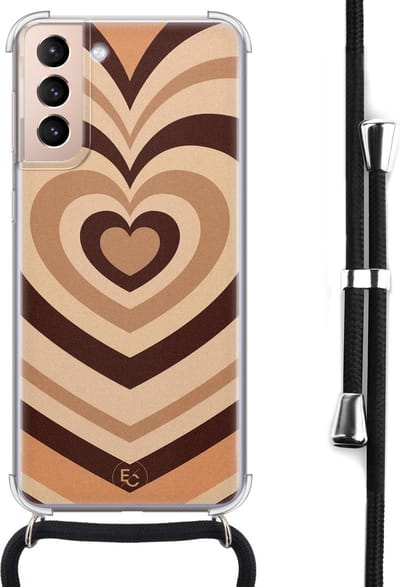 Hoesje met koord geschikt voor Samsung Galaxy S21 - Hart bruin - Inclusief koord - Crossbody beschermhoes - Transparant, Bruin - ELLECHIQ