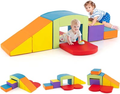 COSTWAY 7-delige schuimrubberen bouwblokkenset, zachte blokken met tunnel, trap en helling, gigantische bouwblokken om op te klimmen en mee te spelen, grote schuimrubberen bouwblokken voor binnengebruik door kinderen (meerkleurig)