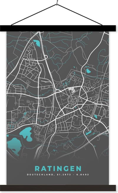 Posterhanger incl. Poster 40x60 cm - Schoolplaat - Blauw – Duitsland – Plattegrond – Stadskaart – Kaart – Ratingen - Textielposter - Zwarte latten - Stadskaart