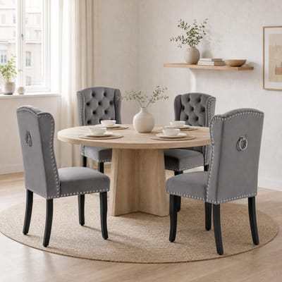 REDOM Set van 4 Gestoffeerde Eetkamerstoelen 45 x 61 x 100 cm – Fluweel met Knopen & Siernagels – Eikenhouten Poten – Grijs