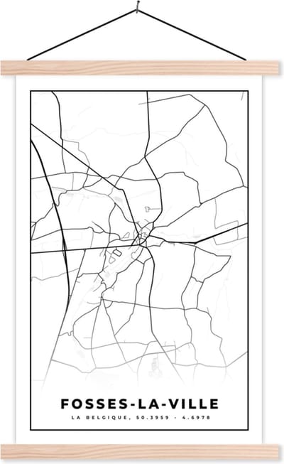 Posterhanger incl. Poster 40x60 cm - Schoolplaat - Plattegrond – Fosses la Ville – Zwart Wit – Stadskaart - Kaart - België - Textielposter - Blanke latten - Stadskaart