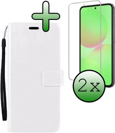 Hoesje Met 2x Screenprotector - Geschikt voor Samsung Galaxy A36 - Luxe Pasjeshouder - Bookcase Portemonee - Flip Case - Kunstleer Book Case - Flipcase Hoes - Book Cover - Walletcase - Portemonneehoes - Wit
