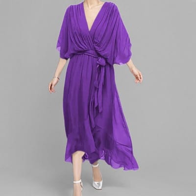 Nieuwe Dameskleding Elegant en Modieus Effen Kleur Vleermuismouw Lange Jurk voor Dames 3XL paars