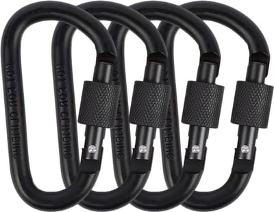 Set van 4 Zwarte Carabiners met Schroefvergrendeling - Aluminium Haak voor Sleutelhanger, Rugzak en Outdoor Activiteiten