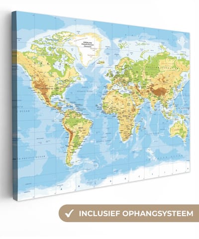 Canvas schilderij - Wereldkaart 40x30 - Kamer decoratie accessoires - Schilderijen wereld kaart woonkamer - World map wanddecoratie slaapkamer - Muurdecoratie keuken - Wanddoek interieur binnen - Woondecoratie huis - Woonaccessoires