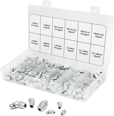 Assortiment van vetnippels, M6, M8, M10, 130-delig set voor smeren van voertuigen, motoren en machines, recht en gekanteld