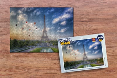 Puzzel De Eiffeltoren met op de achtergrond luchtballonnen die in de lucht varen boven Parijs - Legpuzzel - Puzzel 500 stukjes