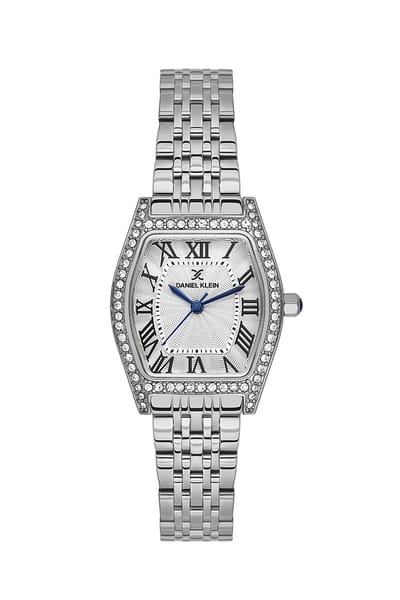 Daniel Klein DK.1.14106-1 - Horloge - Polshorloge - Analoog - Dames - Vrouwen - Ovaal - Stalen band - Metaal - Romeinse cijfers - Strepen - Briljant - Bolletjes - Zilverkleurig - Wit - Zwart - Donkerblauw