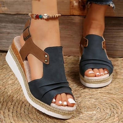 Geplooide PU leren wig sandalen voor vrouwen met een bandje aan de achterkant, espadrilles met platform en een dikke onderkant, peep toe schoenen voor vrouwen in de zomer 42 marineblauwe kleur