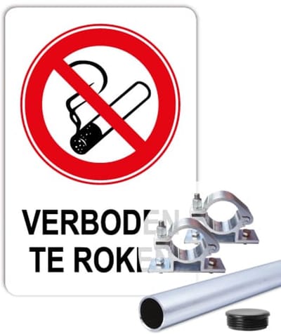 Verboden te roken bord - Weerbestendig Aluminium - 40x60 cm - Bevestiging: Met paal 150 cm + paalbeugels + paaldop