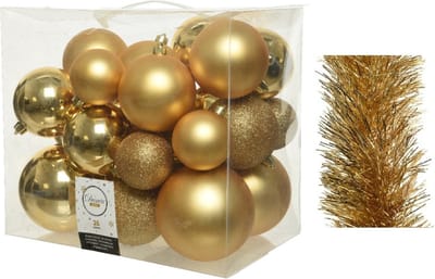 Kerstversiering kunststof kerstballen 6-8-10 cm met folieslingers pakket goud van 28x stuks - Kerstboomversiering