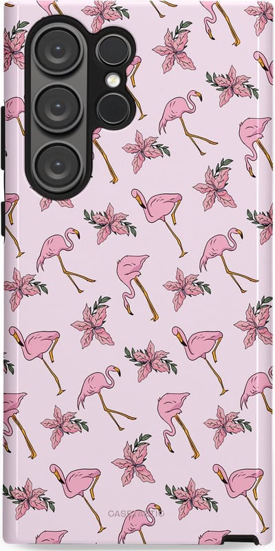 Casetastic hoesje geschikt voor Samsung Galaxy S23 Ultra - Dubbellaagse bescherming - Tropisch Roze Flamigo Bloemen Paradijs - Fashion Case - Lichtgrijs Wit Lichtroze