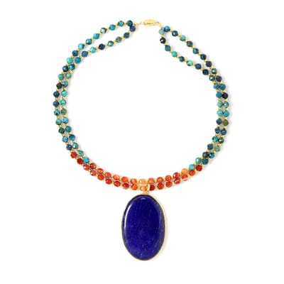 Cavill - Luxe verstelbare zilveren ketting 925 sterling met ovale lapis lazuli cabochon 277 ct en gouden hematiet karkralen