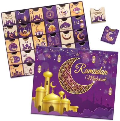 Dailygoods - Ramadan adventskalender met laden, 30 lege dozen voor 30 dagen, Eid Mubarak Coutdown kalender vulbaar Ramadan cadeau, islamitische kunst, kartonnen nummer opbergdoos, Ramazan feestartikelen - paars