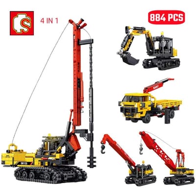 4-in-1 Roterende Boorinstallaties Bouwstenen Set Stad Bouw Techniek Voertuig Graafmachine Kraan Vrachtwagen Stenen Kinder Speelgoed Cadeaus black