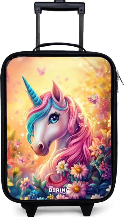 NoBoringSuitcases.com® - Kinderkoffer jongen - Kindertrolley meisje - Eenhoorn met kleurrijke bloemen - Koffer kind lichtgewicht - Reiskoffer trolley voor kinderen - Koffertje met lichtgevende wieltjes - Rolkoffer zwart