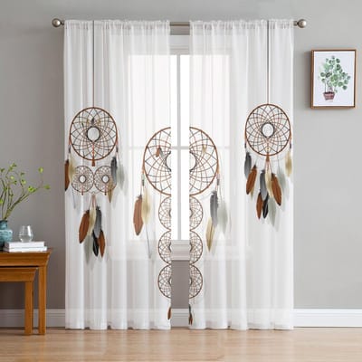 Dromenvanger Aquarel Veer Patroon Tule Gordijnen Voor Woonkamer Keuken Transparant Voile Gordijn Slaapkamer Raampanelen 135W x 114H(cm) white