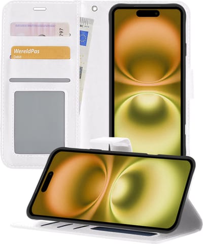 Hoesje - Met Pasjeshouder - Geschikt voor Apple iPhone 16 - Luxe Bookcase Portemonee - Flip Case - Kunstleer Book Case - Flipcase - Book Cover - Walletcase - Portemonneehoes - Telefoonhoesjes - Wit