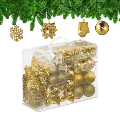 Kerstballen set van 100 - plastic - mat - glanzend - glitters - 10 designs - goud