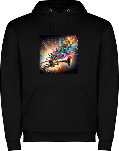 Zwarte unisex hoodie met “ Kleurrijke Trompet – Muziekinstrument – Vlinders – Volijk “ Print Full Color Color merk Roly maat S