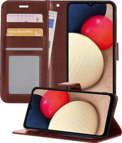 Hoesje - Met Pasjeshouder - Geschikt voor Samsung Galaxy A02s - Luxe Bookcase Portemonee - Flip Case - Kunstleer Book Case - Flipcase - Book Cover - Walletcase - Portemonneehoes - Telefoonhoesjes - Bruin