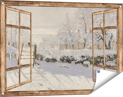 Gards Tuinposter Doorkijk De Ekster, La Pie - Claude Monet - 90x60 cm - Tuindoek - Tuindecoratie - Wanddecoratie buiten - Tuinschilderij