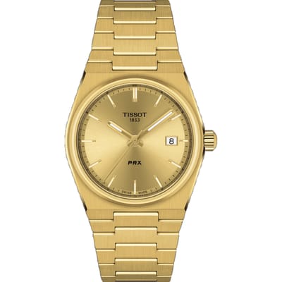 PRX Unisex stijlvol roestvrijstalen kwartshorloge, 35mm gouden ronde wijzerplaat met datumweergave, geschikt voor dagelijks gebruik, zakelijk, date, T137.210.33.021.00 goud