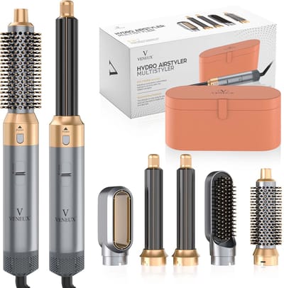 VENEUX® Föhnborstel - Airstyler - Krulborstel - Warmteborstel - 5 in 1 Multistyler - Met Opbergcase - Grijs Met Goud