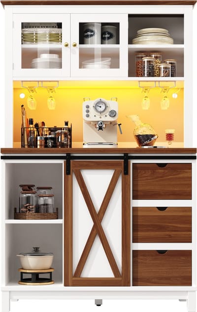 Moderne hoge kast met LED-verlichting & app-bediening, keukenkast of eetkamerkast met lade, zijbuffet met schuifdeur en drie laden, Wit