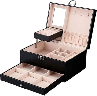 Sieraden opbergdoos - Juwelendoos organizer - Sieraden bewaren - Afsluitbaar met spiegel - 22.5x17x12cm - Zwart